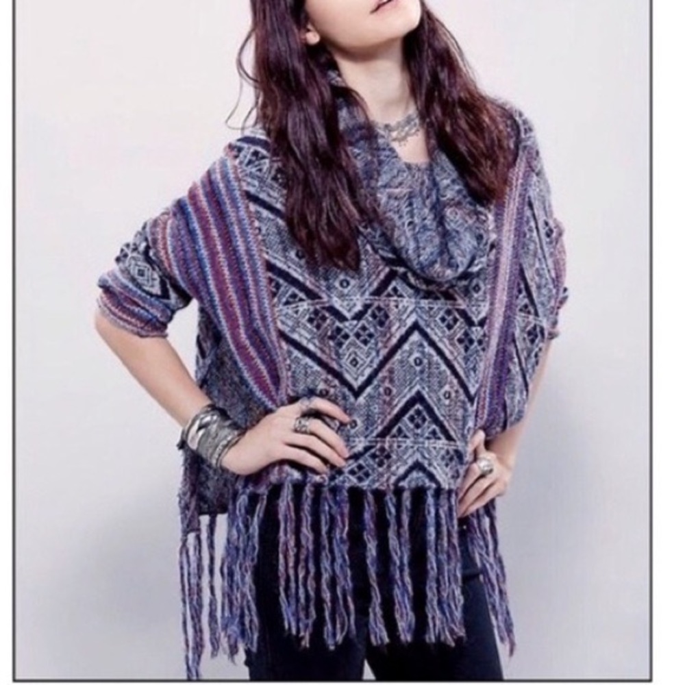 Free People Be the One Cowl Fringe Poncho Sweater